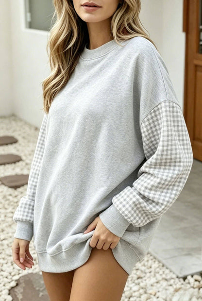 Lovesoft - Plaid Color Block Oversized Sweatshirt Casual Fall Pullover: Light Gray / 65%Polyester+30%Viscose   +5%Elastane / S