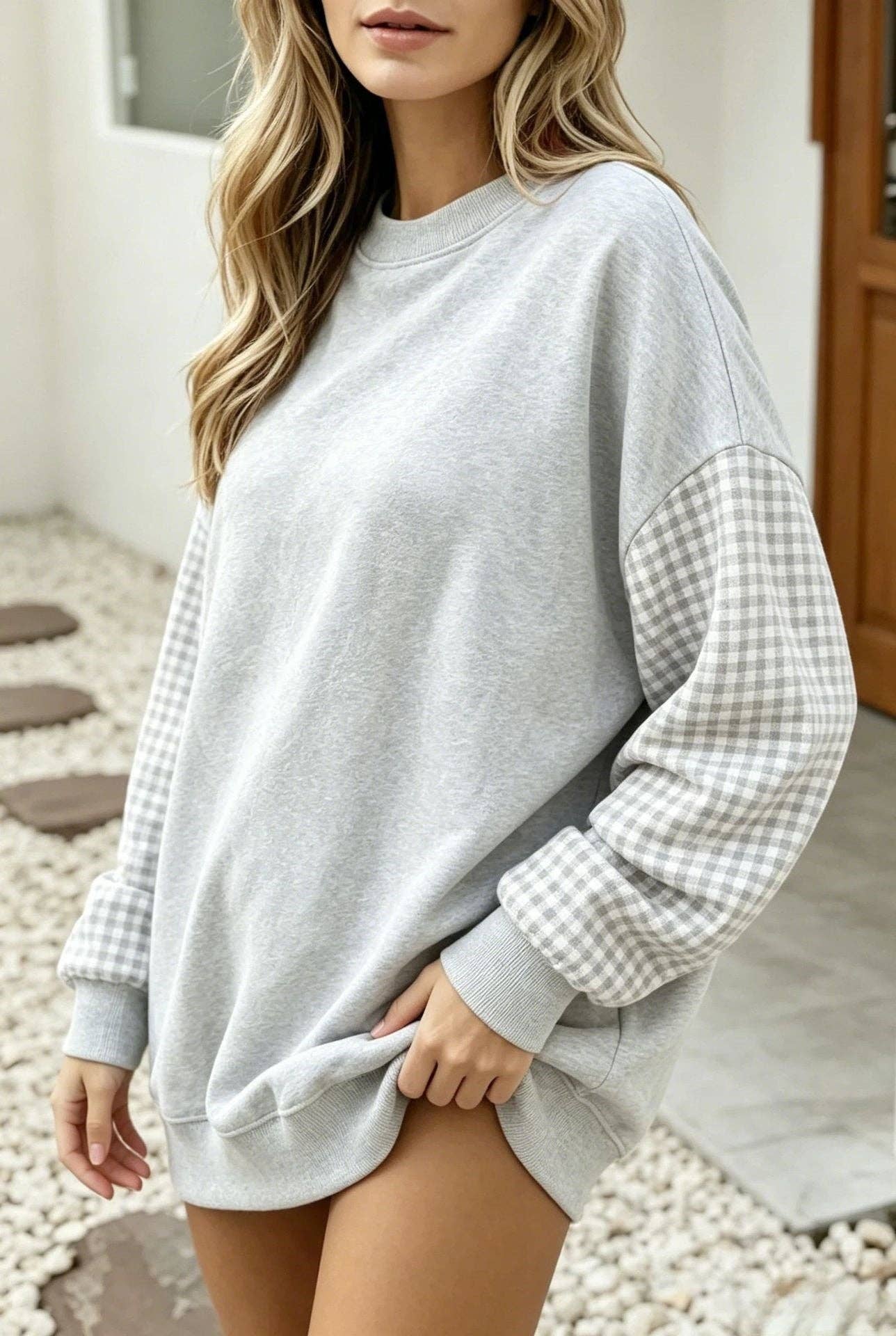 Lovesoft - Plaid Color Block Oversized Sweatshirt Casual Fall Pullover: Red / 65%Polyester+30%Viscose   +5%Elastane / S