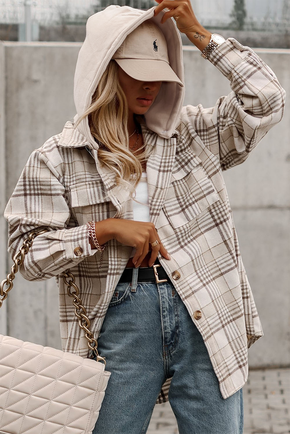 KHAKI PLAID HOODED BUTTON SHACKET