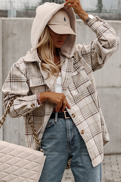 KHAKI PLAID HOODED BUTTON SHACKET