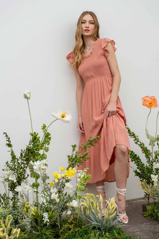 SCOOP RUFFLE NECK SMOCKED MIDI DRESS: PEACH