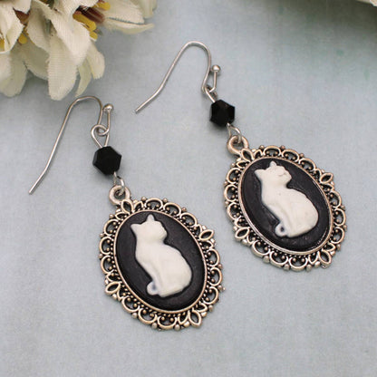 BLACK CAMEO WHITE CAT EARRINGS