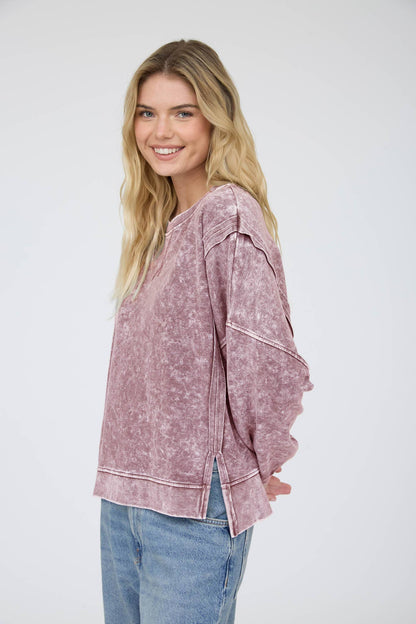 ACID WASH LONG SLEEVE SIDE SLIT KNIT TOP