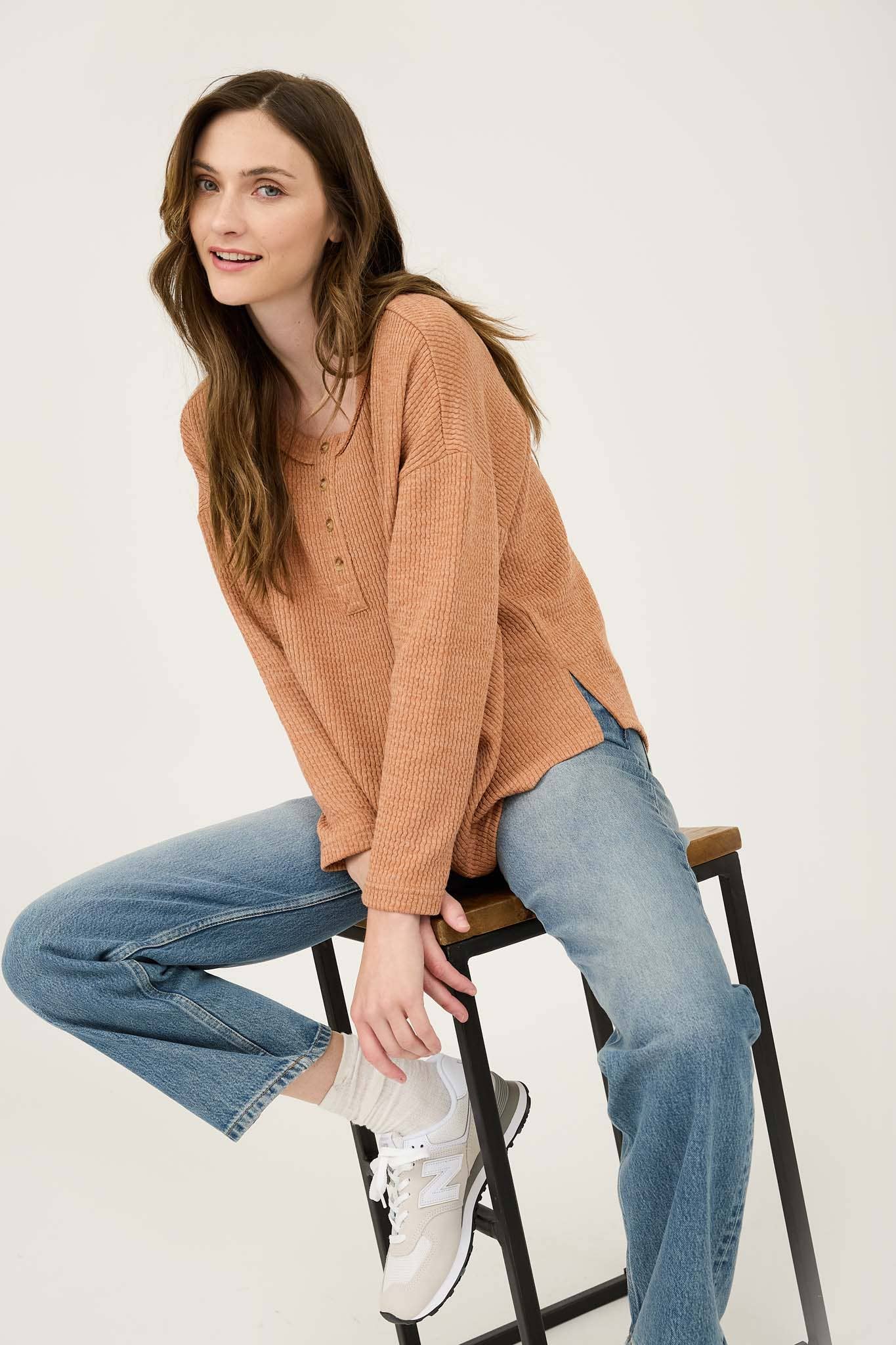 WAFFLE KNIT HENLEY LONG SLEEVE KNIT TOP