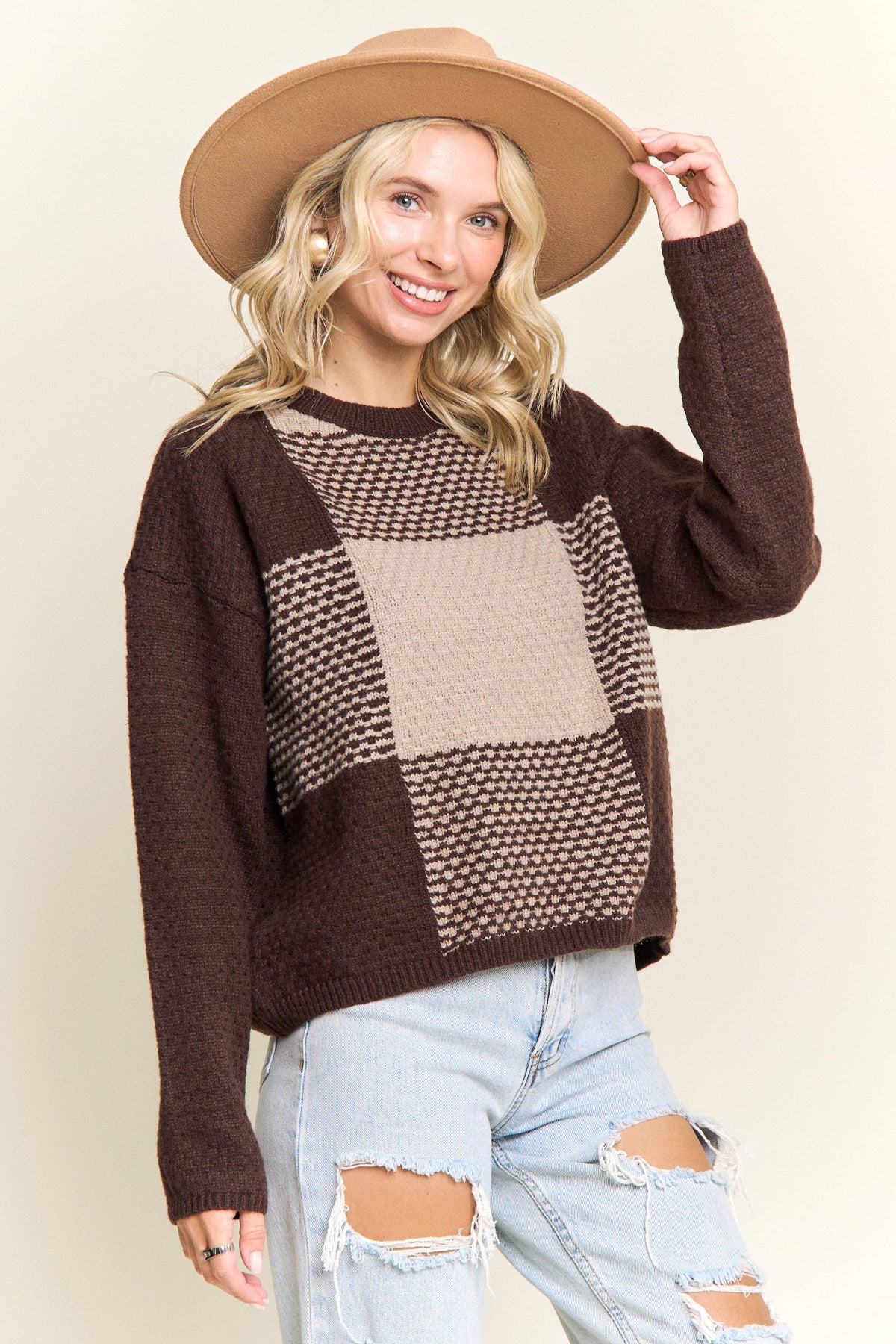 COLORBLOCK CREWNECK SWEATER: BROWN/KHAKI