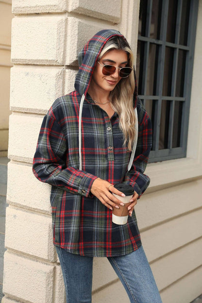 TARTAN LONG SLEEVE HOODED BUTTON TOP