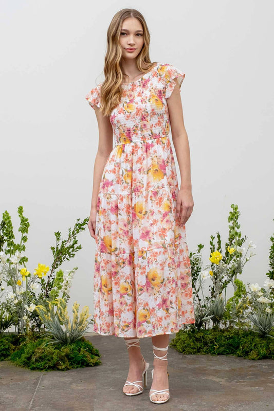 ROUND NECK FLORAL DRESS: IVORY MULTI