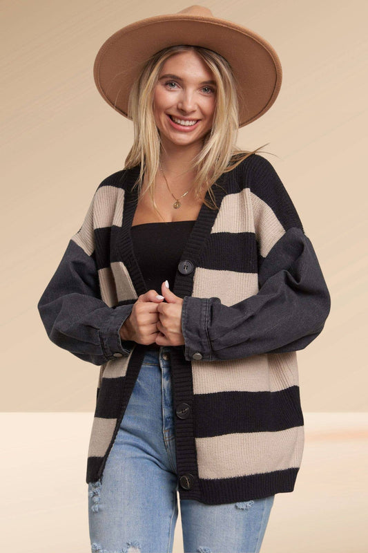 DENIM SLEEVE BLACK STRIPE SWEATER CARDIGAN