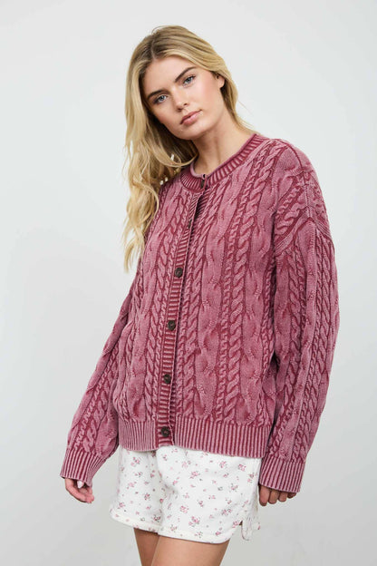 Blu Pepper - WASHED PATTERN CABLE KNIT BUTTON DOWN CARDIGAN: LIGHT KHAKI