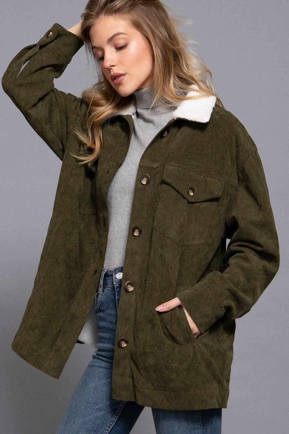 OLIVE FAUX FUR CORDUROY JACKET