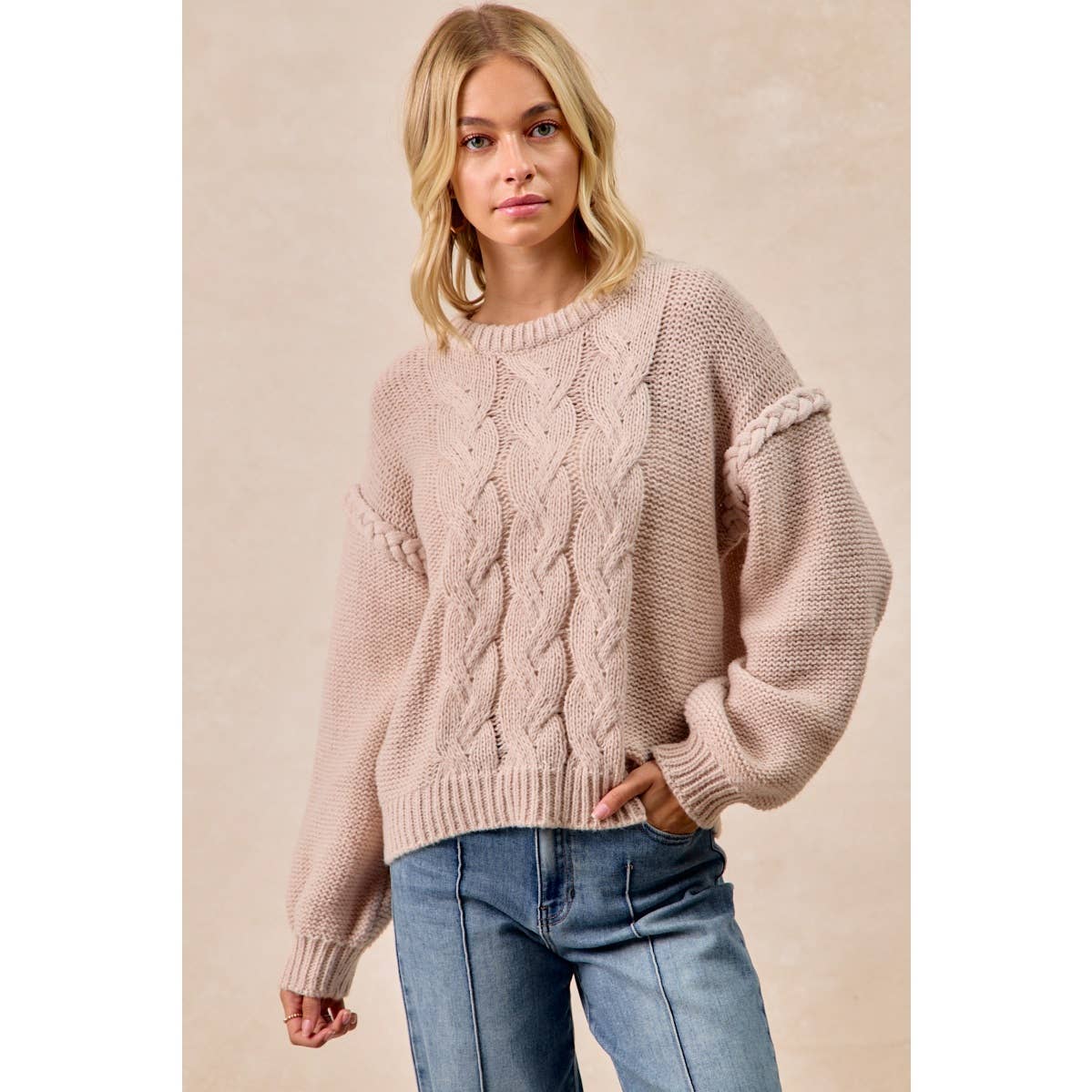 CABLE KNIT SWEATER TOP WITH SHOULDER BRAID DETAIL