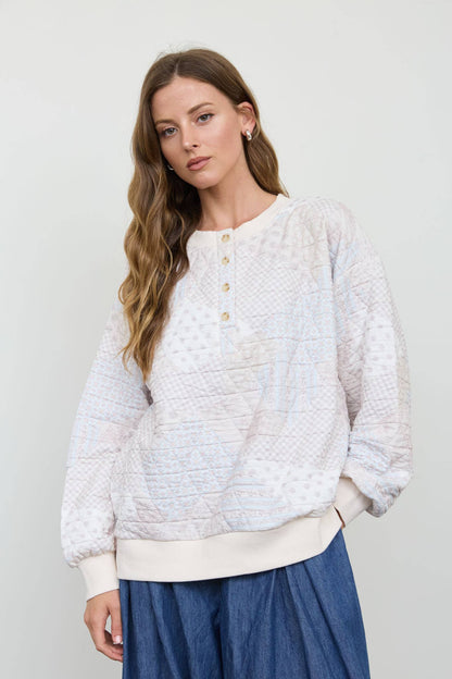 Blu Pepper - MULTI-PATTERN HENLEY QUILTED JACKET: IVORY MULTI