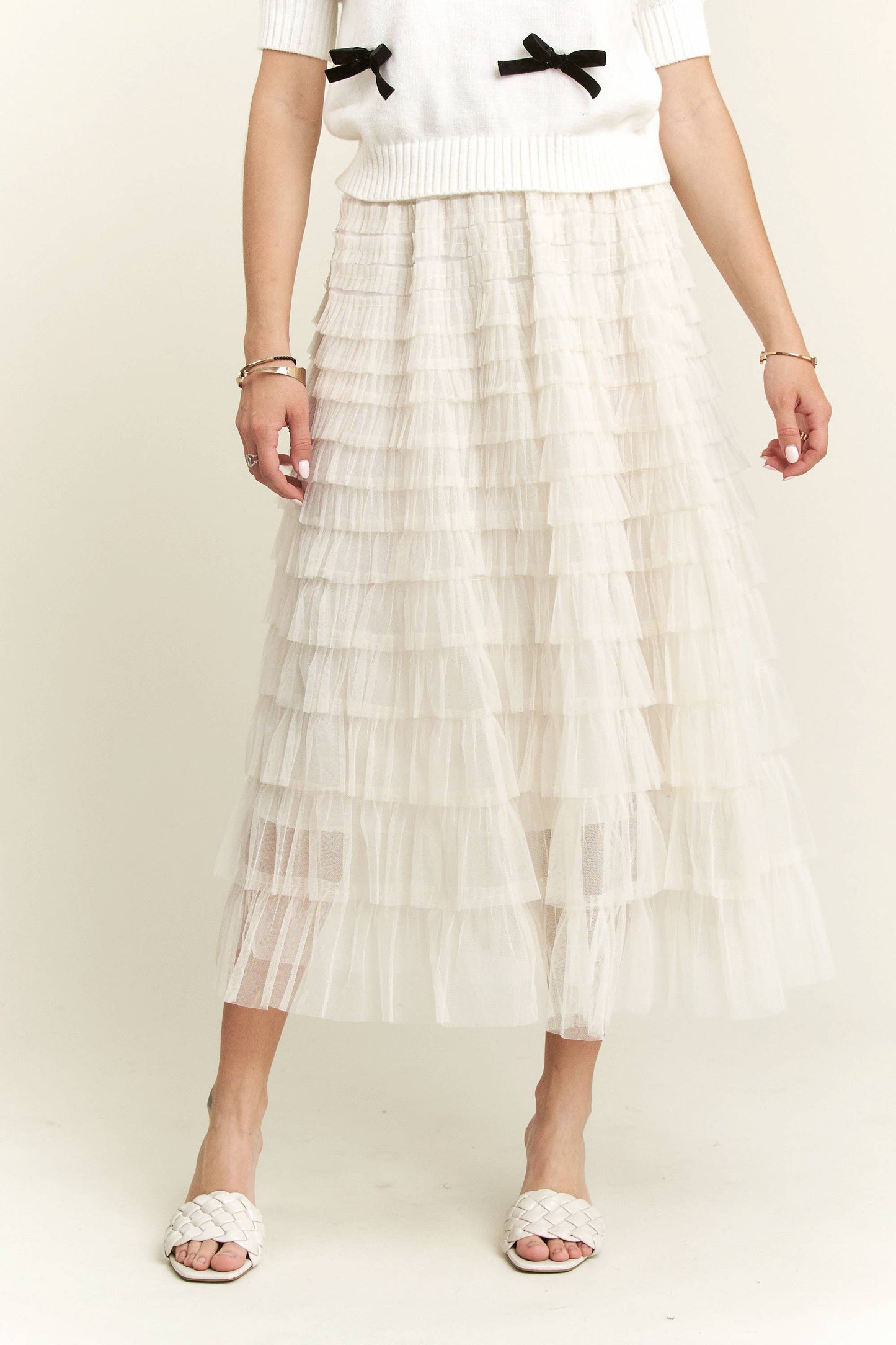 ELASTIC WAIST LAYERED MESH SKIRT - IVORY