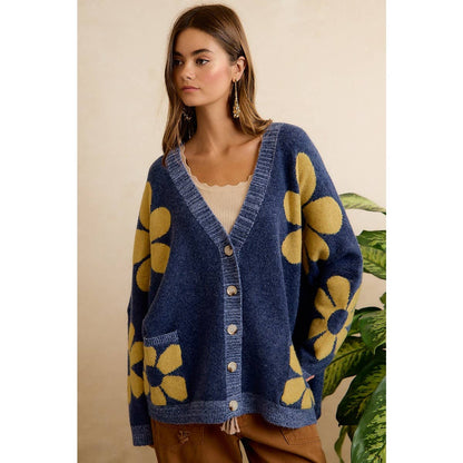 FLOWER PATTERNED OVERSIZED BUTTON CARDIGAN WITH POCKETS: NAVY
