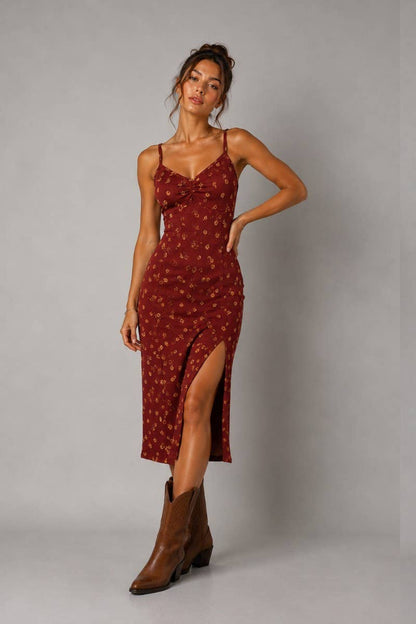 JADE BY JANE - FLORAL MIDI DRESS: RUST / L