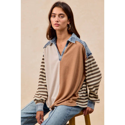 CUT EDGE CHECKER DENIM WAFFLE MIX AND MATCH TOP: OATMEAL/LATTE / L