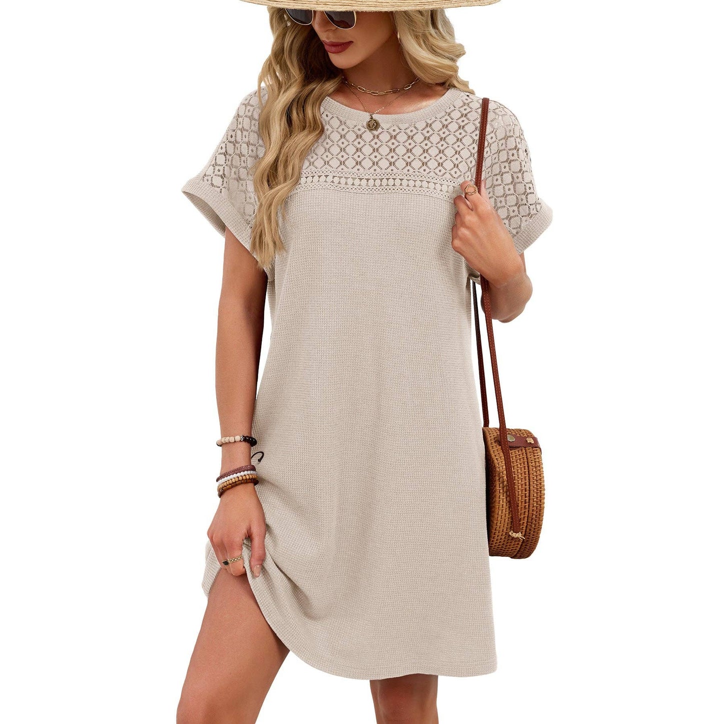 Lovesoft - Lace Patchwork Casual Short Sleeve Loose Summer Dress: Navy Blue / 65%Rayon 30%Polyester 5%Spandex / S