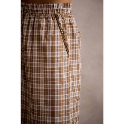 PLAID CHECK WIDE LEG PULL ON WIDE LEG PANTS WITH LACE