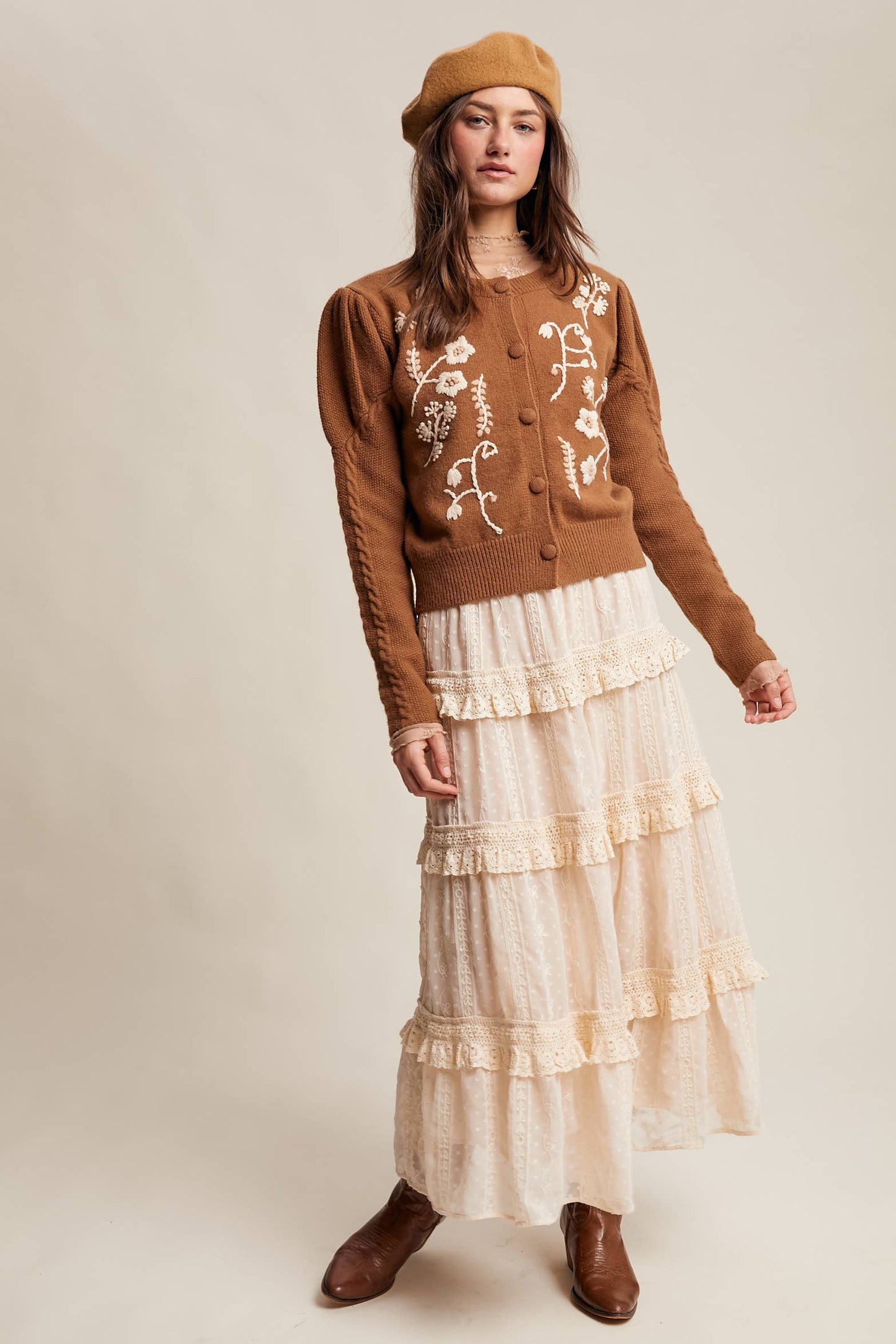 FLORAL EMBROIDERED PUFF SLEEVE CARDIGAN