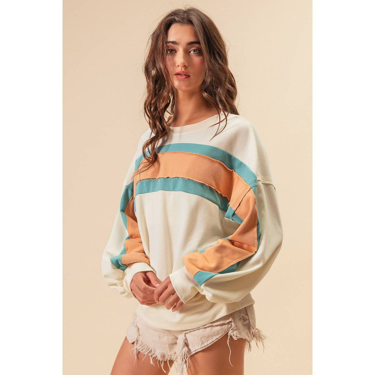 BiBi - FRENCH TERRY COLOR BLOCK SWEATSHIRT: INDIGO/MUSTARD/IVORY / XL
