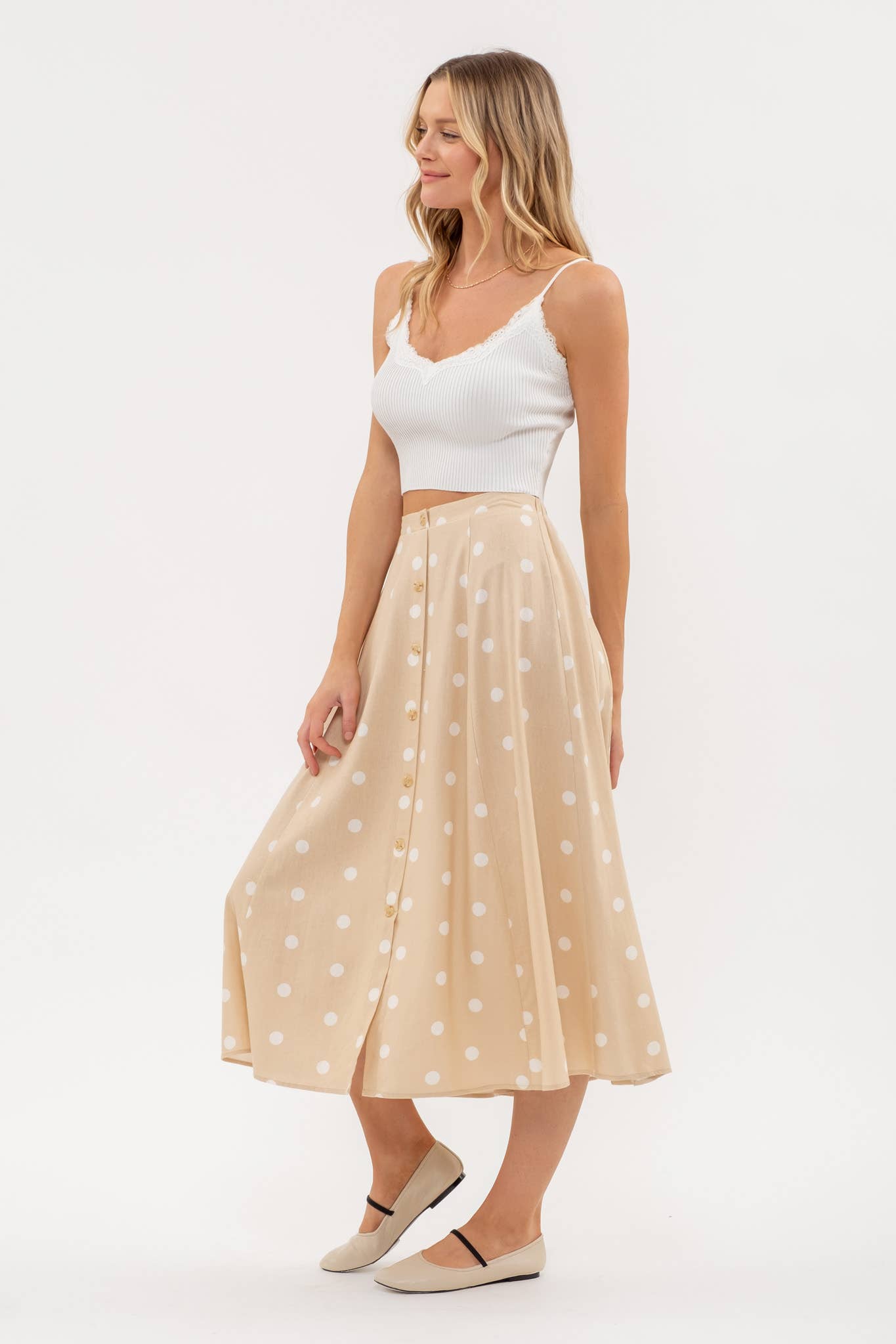 POLKA DOT BUTTON DOWN MIDI SKIRT