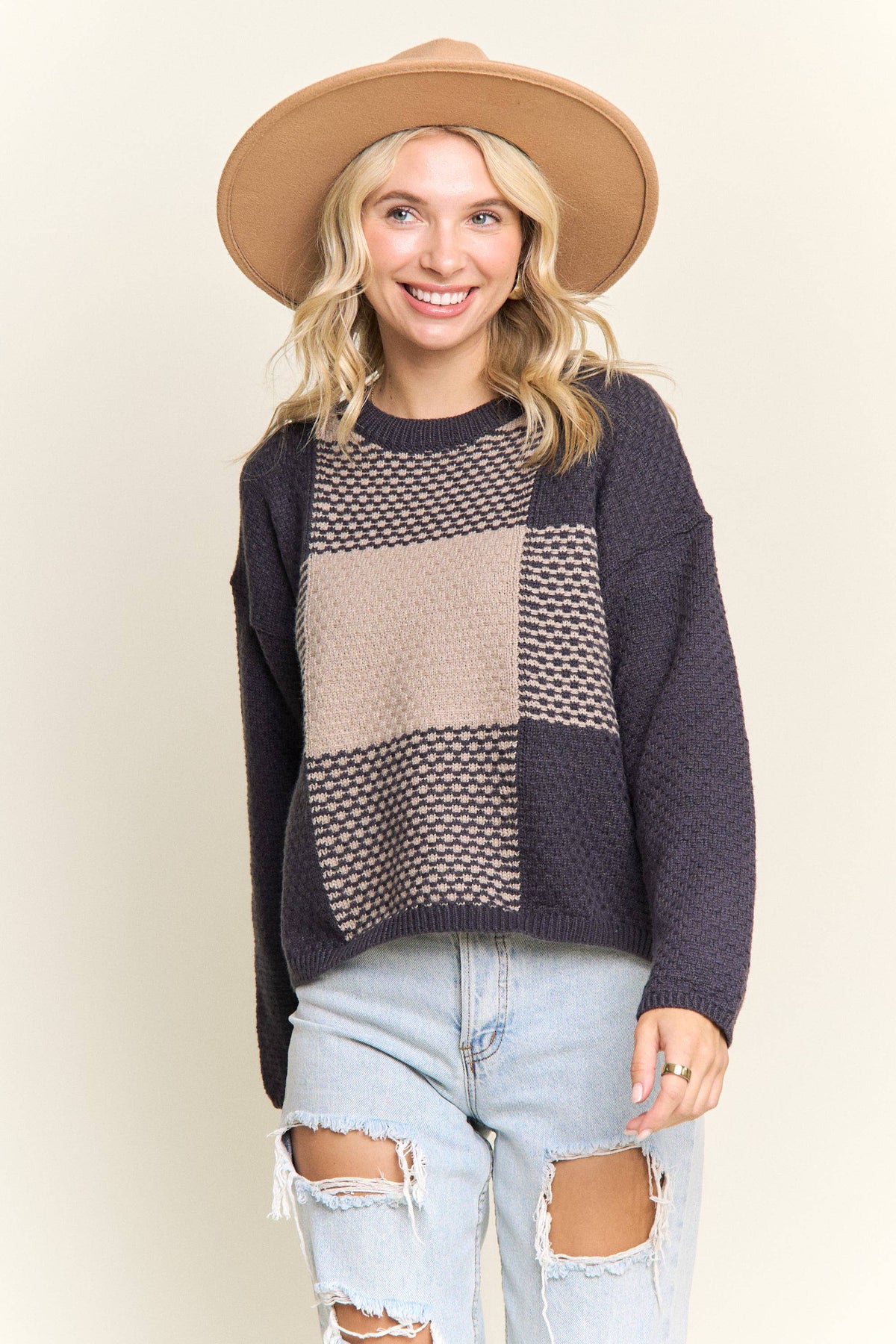 COLORBLOCK CREWNECK SWEATER: GREY/KHAKI