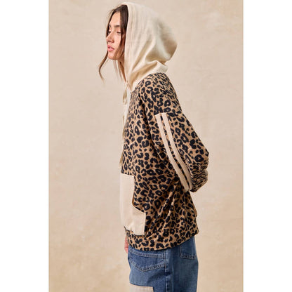 BiBi - WAFFLE THERMAL AND LEOPARD MIX AND MATCH HOODIE: LEOPARD/OATMEAL / L
