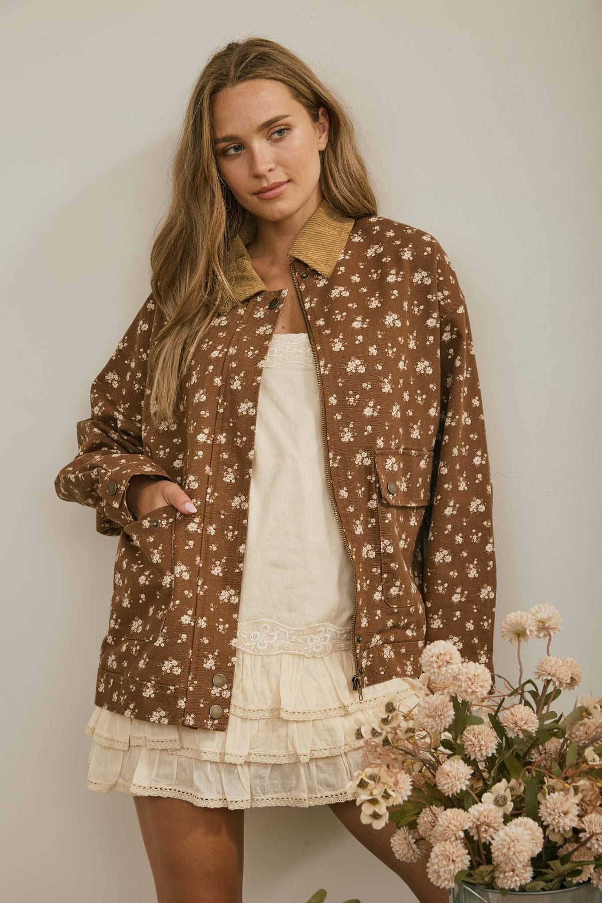 FLORAL CORDUROY COLLAR BUTTON DOWN DENIM JACKET