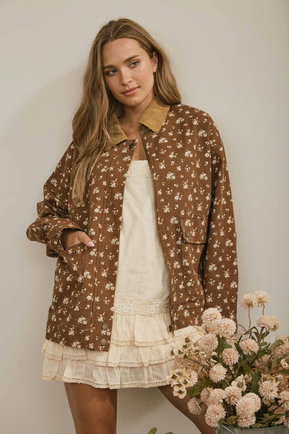 FLORAL CORDUROY COLLAR BUTTON DOWN DENIM JACKET