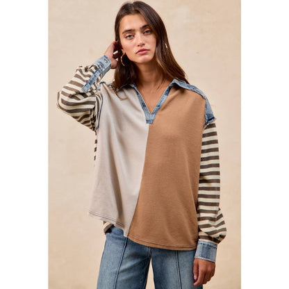 CUT EDGE CHECKER DENIM WAFFLE MIX AND MATCH TOP: OATMEAL/LATTE / L