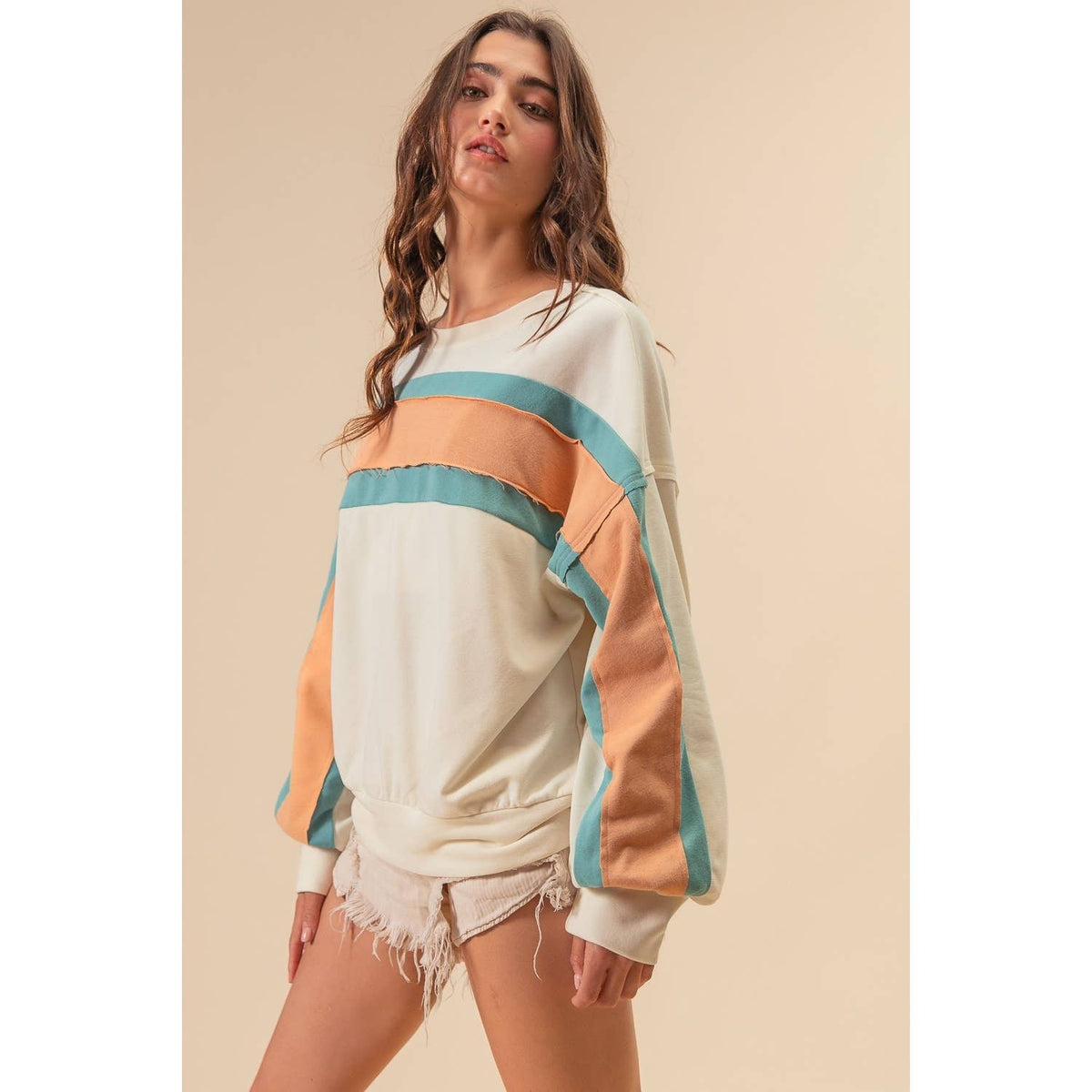 BiBi - FRENCH TERRY COLOR BLOCK SWEATSHIRT: INDIGO/MUSTARD/IVORY / XL