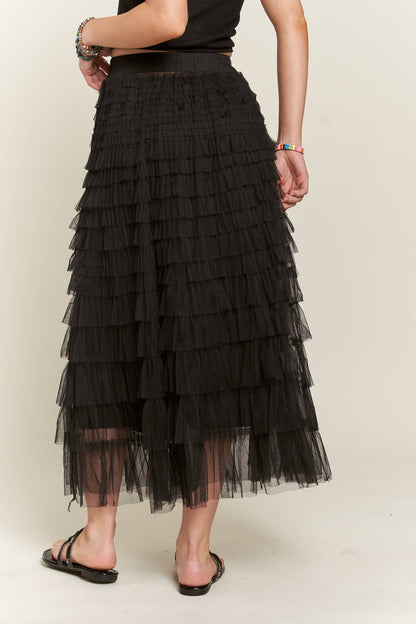 ELASTIC WAIST LAYERED MESH SKIRT - BLACK