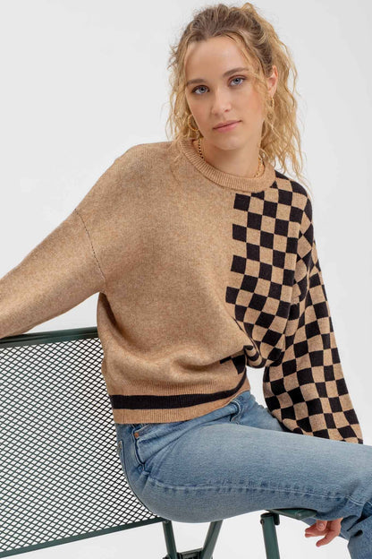 COLORBLOCK CHECKERED CREWNECK KNIT SWEATER