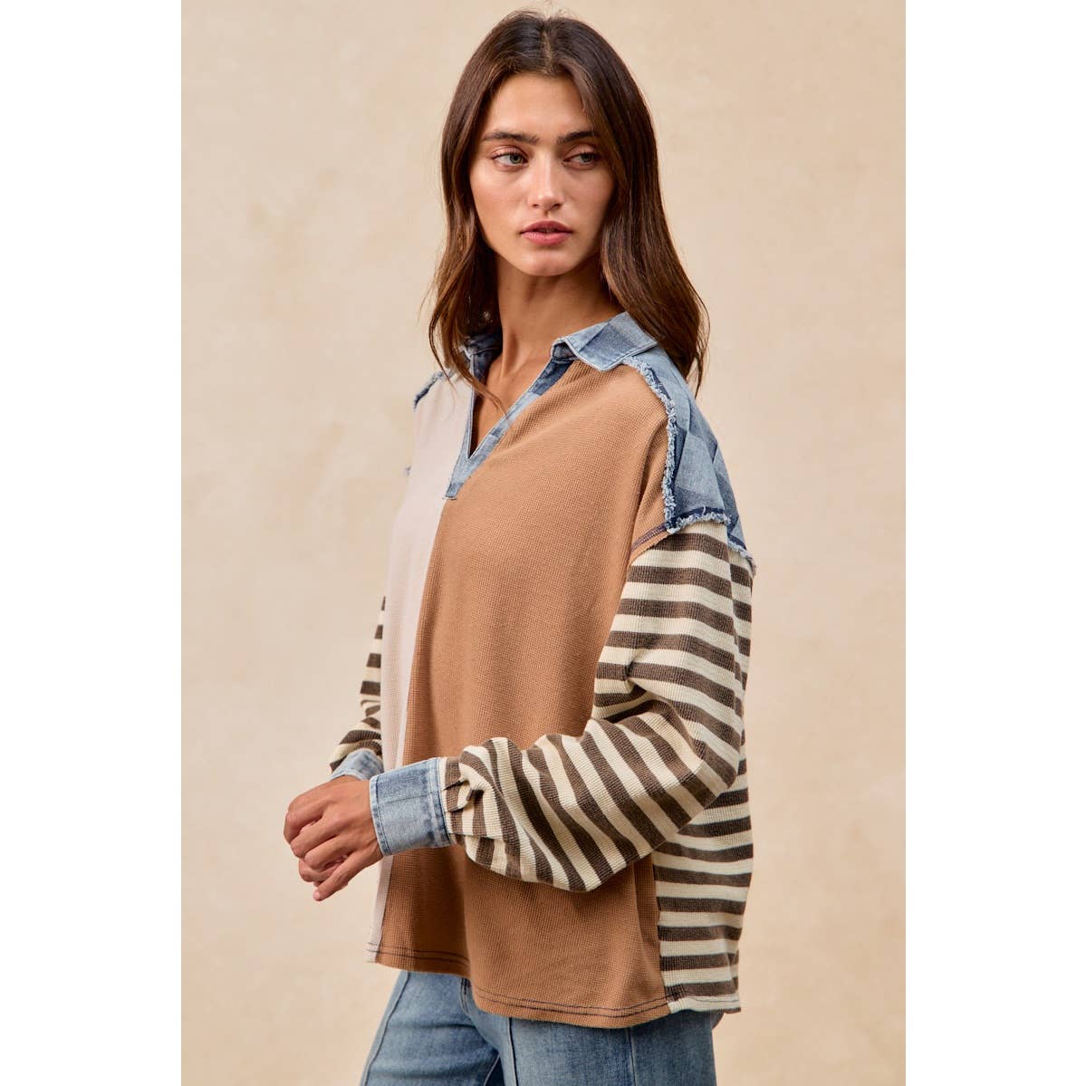 CUT EDGE CHECKER DENIM WAFFLE MIX AND MATCH TOP: OATMEAL/LATTE / L