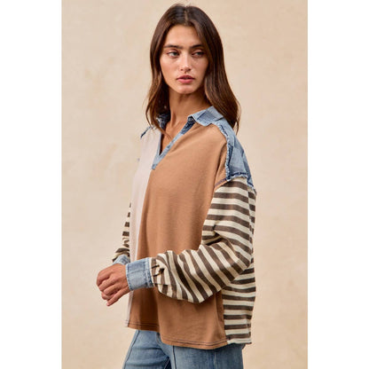 CUT EDGE CHECKER DENIM WAFFLE MIX AND MATCH TOP: OATMEAL/LATTE / L
