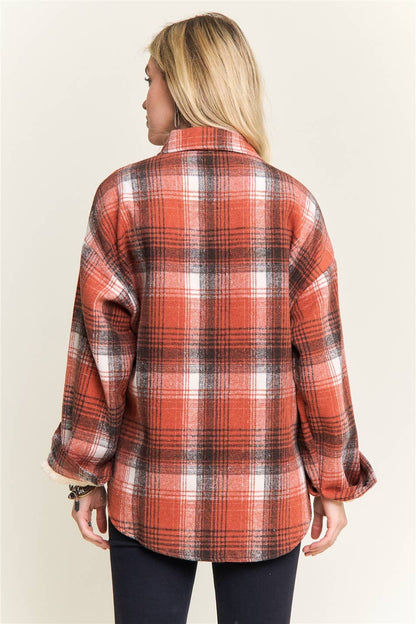 ADORA LA - CEJ4140-PLAID SHERPA-LINED BUTTON DOWN SHACKET: Navy / S-M-L(2-2-2)