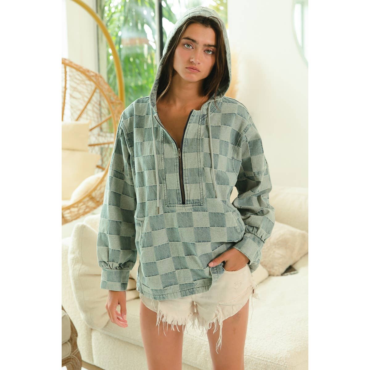 WASHED CHECKER DENIM HALF ZIP UP HOODIE