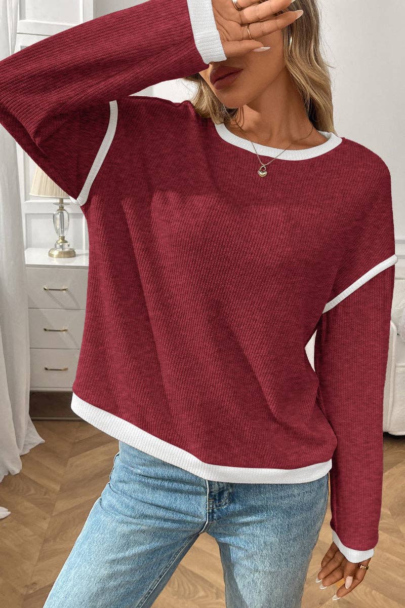 BURGUNDY CREWNECK KNIT PULLOVER