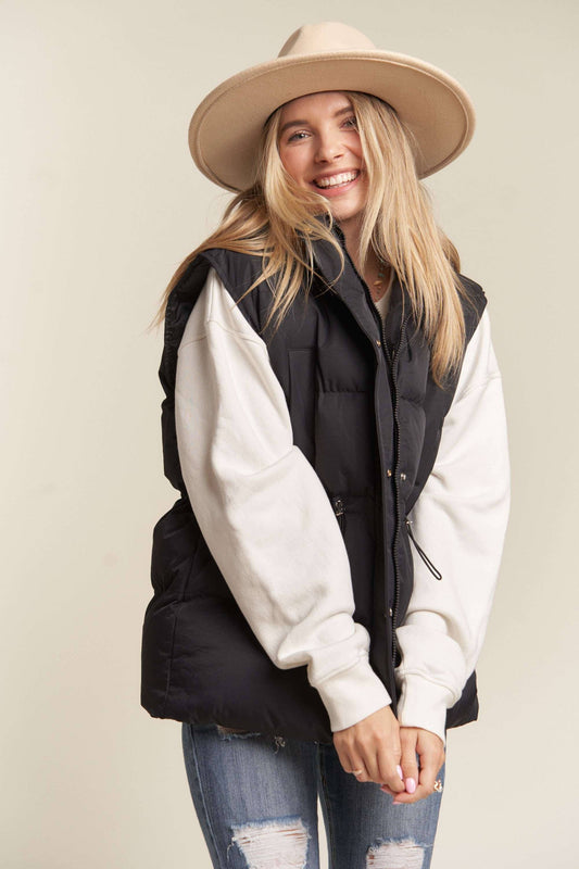 BLACK DRAWSTRING WAIST PUFFER HOODIE VEST