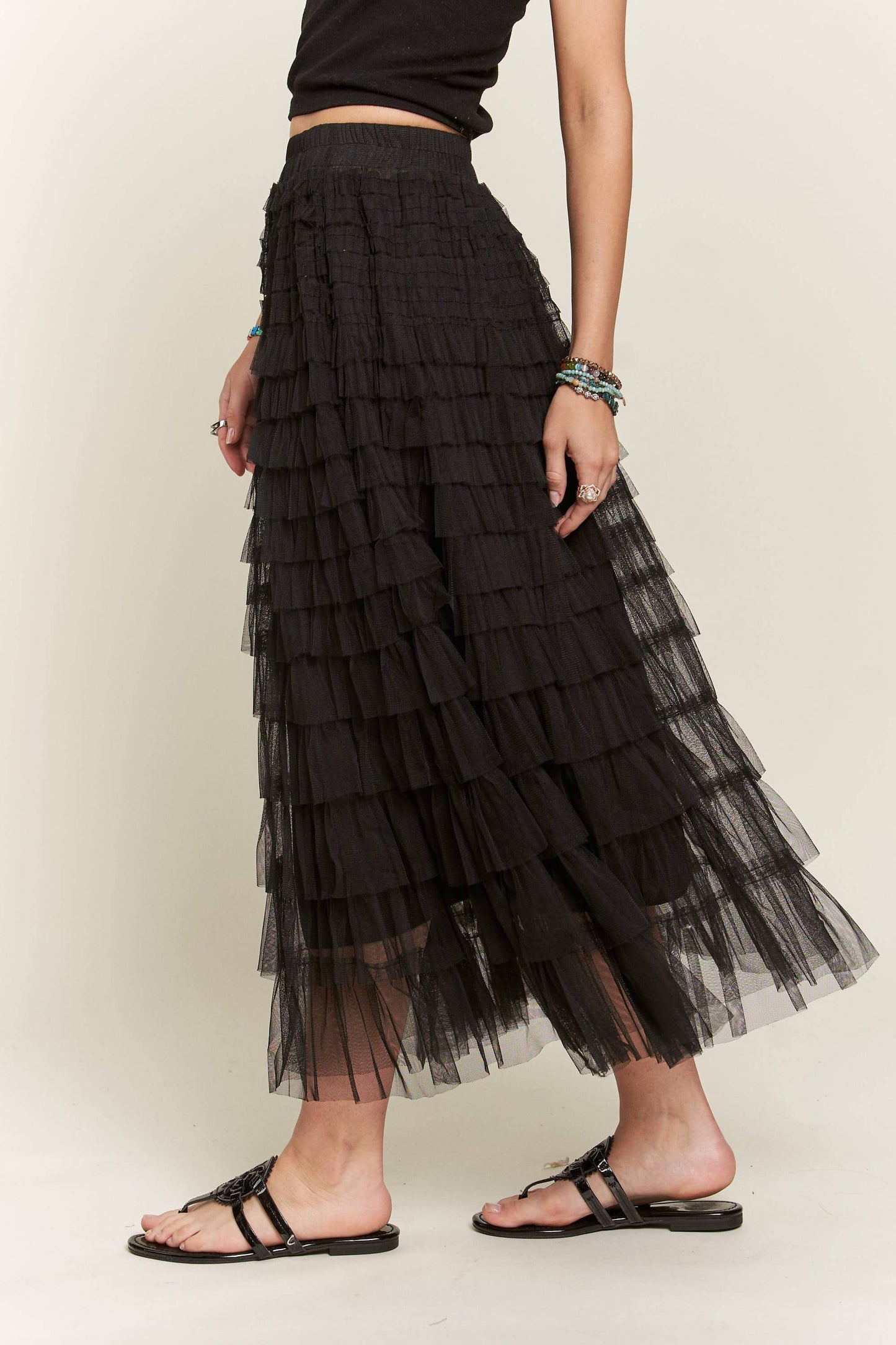 ELASTIC WAIST LAYERED MESH SKIRT - BLACK