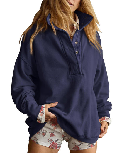 Lovesoft - Solid Fleece Sweatshirt Casual Oversized Snap Collar: Light Gray / 65%Polyester+30%Viscose   +5%Elastane / L