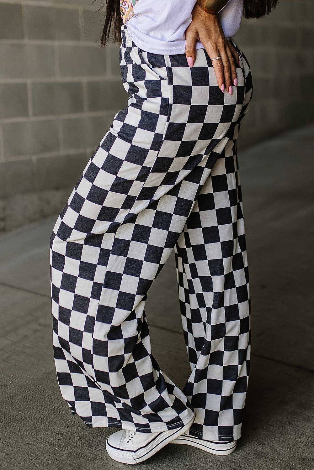 JOSIE CHECKED HIGH WAIST PRINT PANTS