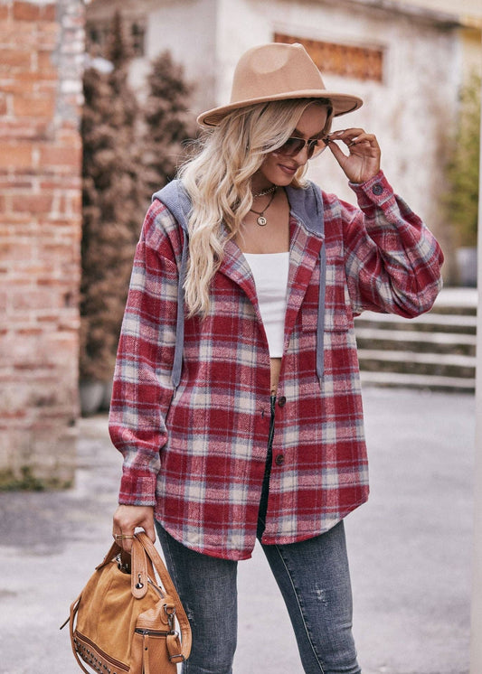 RED FLANNEL CHECKED HOODED JACKET