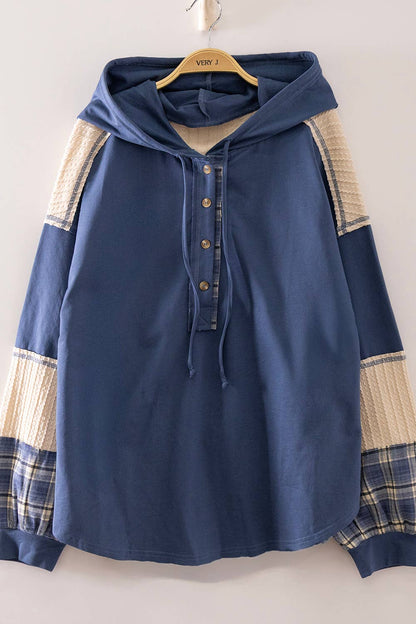Plaid Contrast Hoodie Pullover: DENIM