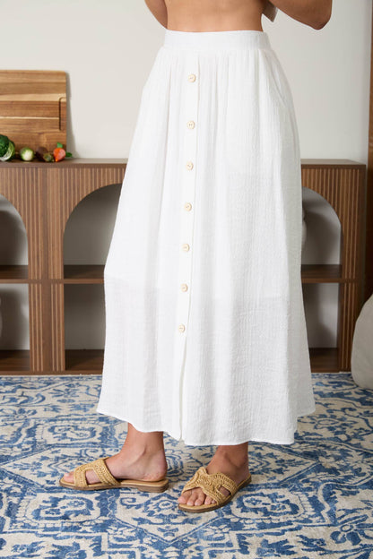 TEXTURED FRONT BUTTON DETAIL MIDI SKIRT