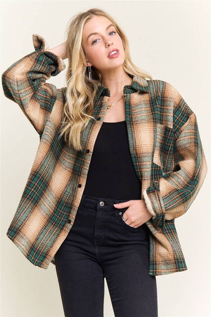 ADORA LA - CEJ4140-PLAID SHERPA-LINED BUTTON DOWN SHACKET: Navy / S-M-L(2-2-2)