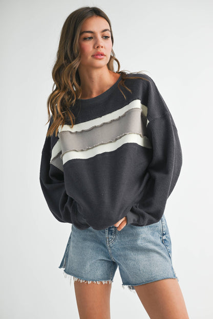 AEMI + CO - 846AD Winnie Sweatshirt: Navy/Ivory/Tan / L / Top