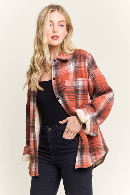 ADORA LA - CEJ4140-PLAID SHERPA-LINED BUTTON DOWN SHACKET: Navy / S-M-L(2-2-2)