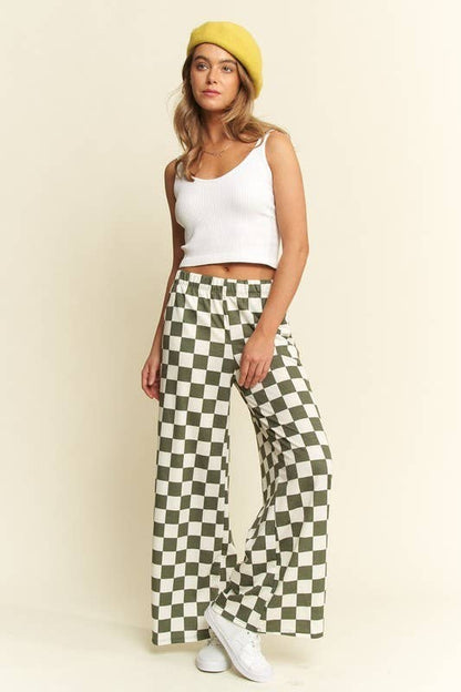 OLIVE + WHITE HIGH WAIST CHECKERED STRAIGHT LEG KNIT PANTS