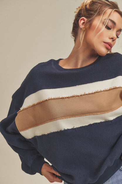 AEMI + CO - 846AD Winnie Sweatshirt: Navy/Ivory/Tan / L / Top